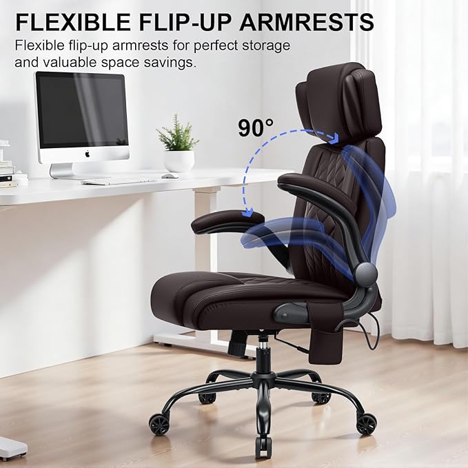 VANSPACE Executive Office Chair with Adjustable Lumbar Support and Headrest 440lbs Ergonomic Computer Chair Comfy High Back Swivel Rolling Office Chair with Flip-up Arms for Heavy People(Brown)