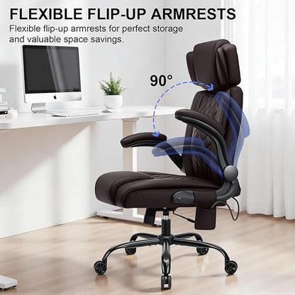 VANSPACE Executive Office Chair with Adjustable Lumbar Support and Headrest 440lbs Ergonomic Computer Chair Comfy High Back Swivel Rolling Office Chair with Flip-up Arms for Heavy People(Brown)