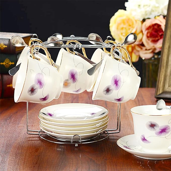 Tea Cups and Saucers Holder,Metal Tea Cups Coffee Cups Rack,Organizer for Coffee Cup Spoon and Saucers (Silver)