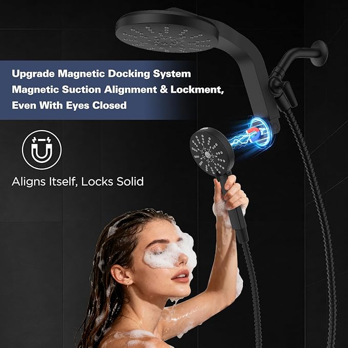 High Pressure Rain Showerhead Combo, 2026 Magnetic Shower Head Set with Detachable 8-Mode Handheld Shower Spray, Adjustable Angle Dual Showerhead System with Built-in Magnetic Docking and Power Jets