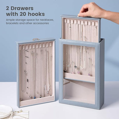 Lolalet Necklace Organizer Box, Jewelry Storage Box with Clear Window for Necklaces Bracelets, Tangle-Free Necklace Display Case for Women Girls, Dusty Blue, 2 Layers 20 Hooks