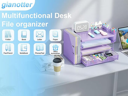 gianotter Wood Desk Organizers and Accessories with File Holder, 4-Tier Desk Accessories & Workspace Organizers with Drawer and 2 Pen Holder, Desk Reference Organizer (Purple, 4T with Metal Drawer)