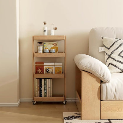 4-Tier Rolling Utility Cart with Lockable Wheels – Solid Oak Mobile Storage Trolley & Shelving Organizer for Kitchen, Living Room(Natural, 7.87" D x 15.75" W x 31.89" H)