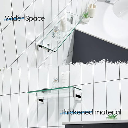 KOKOSIRI Bathroom Shelves Wall Mounted Floating Glass Shelf Polished Stainless Steel 16-Inch Small Hanging Rack for Storage/Room Decor B1105CH-L16