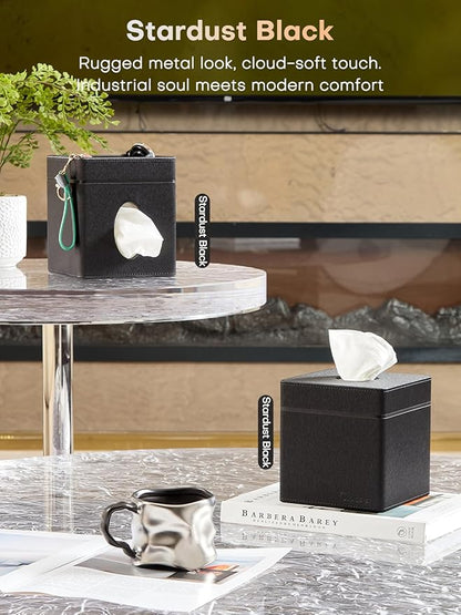 Cloudever Tissue Box Holder Cover, Modern PU Leather Square Decorative Tissue Holder Organizer-Woven New Off White