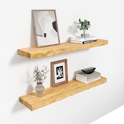 Howizz 24'' Pine Wood Floating Shelves for Wall- Set of 2 - Rustic Wall Mounted Wooden Shelf for Stylish Home Décor - Natural Color - 24x6.5x1.25 Inches, 2pcs