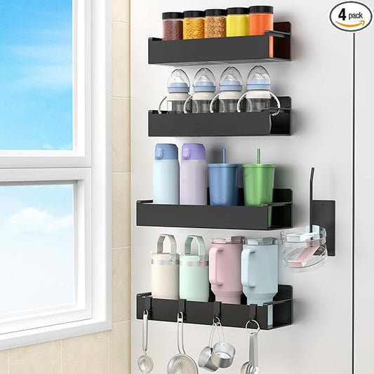 HuggieGems Magnetic Tumbler Organizer, Cup Holder for Fridge, 4 Pack, Black | Quality Material, Ideal for Owala, Stanley, Yeti, HydroJug, Easy to Remove