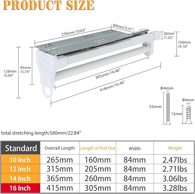 Alise Pull Out Clothes Hanger Rack for Closet,Heavy Duty Closet Rod with Automatic Soft-Close Mechanism for Closets,16 inch Closet Pull Out Metal Rod Organizer Hangers for Coats Pant Hanger,White