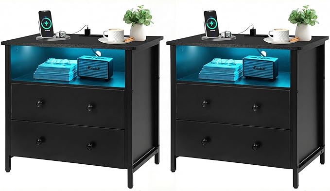 27 Inch Wide Night Stand, Large Wood Night Stand Set 2 with 2 Drawers, LED Nightstand with Charging Station and Adjustable Drawer, Bedside Table for Living Room/Bedroom/Study/Office, Black.