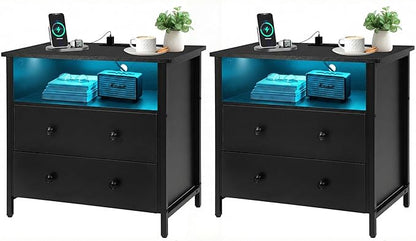 27 Inch Wide Night Stand, Large Wood Night Stand Set 2 with 2 Drawers, LED Nightstand with Charging Station and Adjustable Drawer, Bedside Table for Living Room/Bedroom/Study/Office, Black.