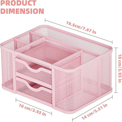 Marbrasse Mesh Desk Organizer, Pen Organizer with 2 Drawer, Multi-Functional Pencil Holder, Desk Organizers and Accessories with 5 Compartments + Drawer for Office Art Supplies (Pink)