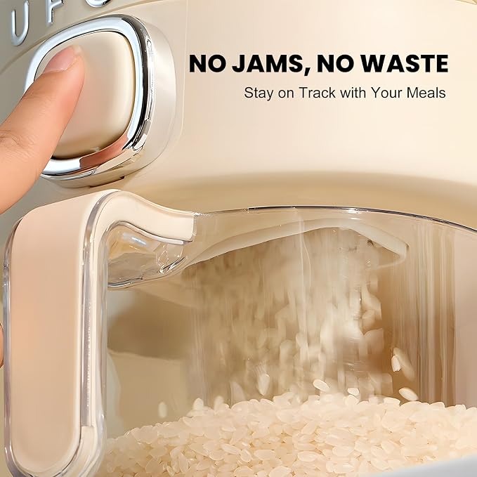 UFORU Rice Dispenser, 22 Lbs Rice Storage Container with Measuring Cup for Kitchen Pantry Household, Cereal Dry Food Storage Containers Airtight, Sealed Moisture Proof, Cream White