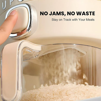 UFORU Rice Dispenser, 22 Lbs Rice Storage Container with Measuring Cup for Kitchen Pantry Household, Cereal Dry Food Storage Containers Airtight, Sealed Moisture Proof, Cream White
