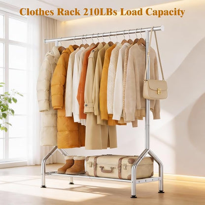 EAGMAK Sturdy Clothing Racks with Shelf, Metal Clothes Rack with Leveling Feet for Hanging Clothes, Freestanding Garment Coat Rack for Bedroom, Apartment & Small Spaces, Silver
