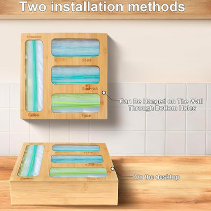 Bamboo Food Bag Organizer for Kitchen Drawer, a bamboo 4 slots - made dispenser container for plastic bags.Suitable for Gallon Quart Sandwich & Snack Variety Size Bag