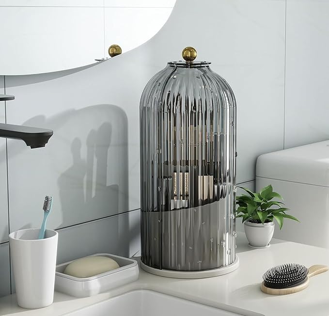 Toothbrush and Toothpaste Holders with Cover, Grey White | Waterproof and Dustproof, 360° Rotating Base, Smooth Sliding Door, 3 Slots, for Bathroom Countertop