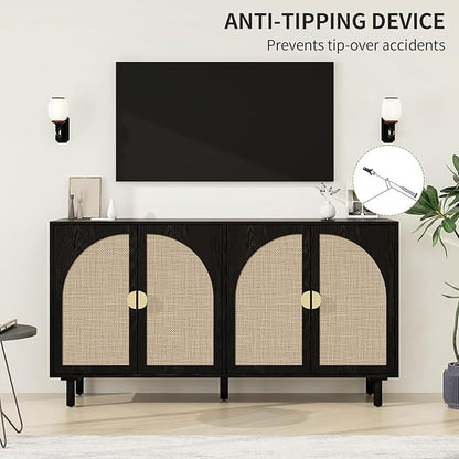 Black 4-Door Rattan Buffet Cabinet-Sideboard Buffet Cabinet with Storage, Accent Sideboard Cabinets-Wood Credenza with Cane Door, Boho Style Console Table for Dining Room & Living Room