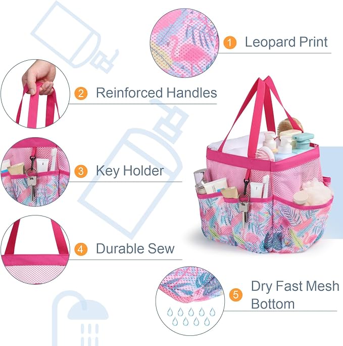 F-color Shower Caddy Portable - Mesh Shower Bag Basket Tote for College Dorm Room Essentials Bathroom Gym Camp Quick Dry for Women Men with S Hook, Pink Flamingo