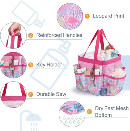 F-color Shower Caddy Portable - Mesh Shower Bag Basket Tote for College Dorm Room Essentials Bathroom Gym Camp Quick Dry for Women Men with S Hook, Pink Flamingo