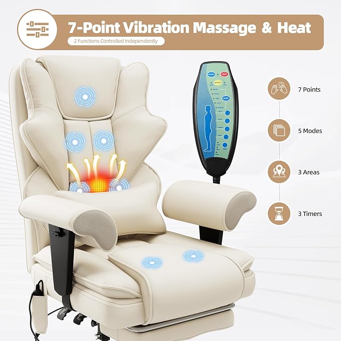7-Point Massage Office Chair,Heated Manageral Chair,Ergonomic Executive Chair with Footrest,Adjustable Armrest，Computer Chair for Offices, Study Areas, Gaming Spaces,Beige