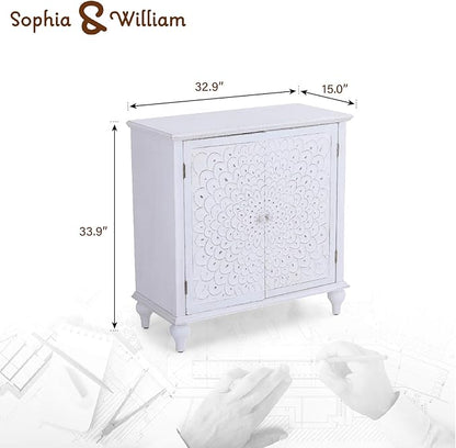 Sophia & William Accent Cabinet with Doors, Distressed Display Storage Cabinet with Wooden Frame and Carved Finch Feather Patterns for Entryway Living Room, White