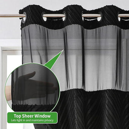 no Hook Shower Curtain and Liner Set，Boho Style with See Through Top Window, Black Fabric Tufted Striped Textured Outer Curtain & Waterproof Inner Liner, DarkBlack, 71Wx77H