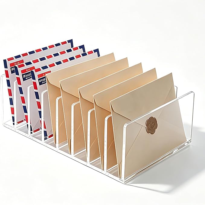 8 Compartments Clear Acrylic Mail Holder – Vertical Letter Sorter & Multifunction Desk Organizer for Bills, Documents, Notebooks – Modern Office/Home Envelope File Rack