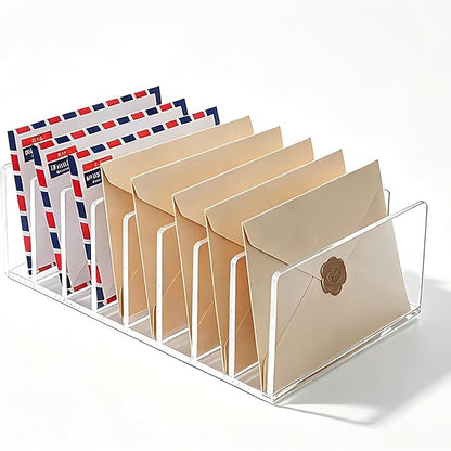 8 Compartments Clear Acrylic Mail Holder – Vertical Letter Sorter & Multifunction Desk Organizer for Bills, Documents, Notebooks – Modern Office/Home Envelope File Rack