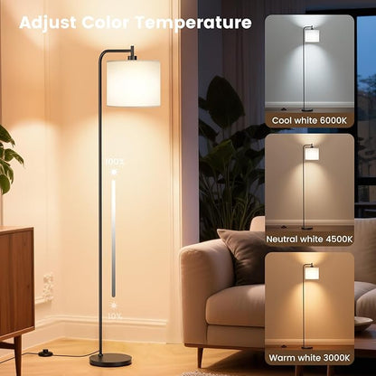 Floor Lamp with Linen Shade, Dimmable Tall Standing Lamp with Remote Control & 3 Color Temperatures, Modern Corner Floor Lamps for Living Room Bedroom Office, 9W LED Bulb Included