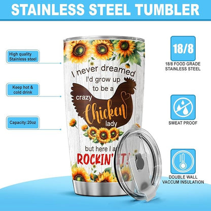 Crazy Chicken Lady Gift for Women, Funny Sunflower Chicken Cup 20oz Stainless Steel Insulated Tumbler, Rustic Farm Style Travel Mug for Chicken Lovers, Backyard Farmers, Mom or Wife