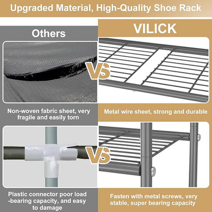 3 Tier Shoe Rack 33" Wide Metal Shoe Organizer Long Shoe Storage with 4 Side Hooks Sturdy Shoes Shelf for Front Door Entrance, Closet, Garage, Dorm, Grey