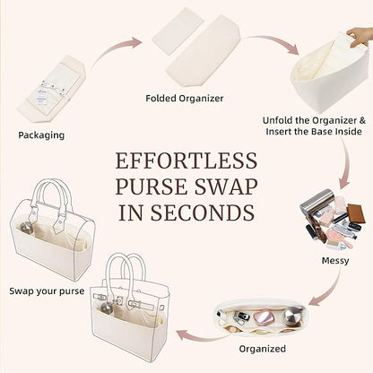 Purse Organizer Insert, Satin Tote Bag Organizer with 8 Sizes, Handbag Dividers for Inside Purse, Compatible with Longchamp, Neverful, 25C Hobo and More Bags（Slender Large,Craie）