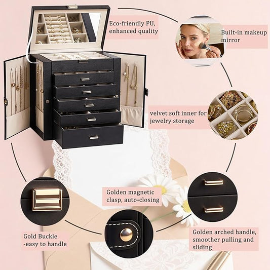 BOOVO Jewelry Box For women, 6 Layer Large Jewelry Organizer With Mirror, Multi-Function Storage Box, Necklace Holder With 5 Drawers, For Earrings Necklace Bracelet (Gold and Black)