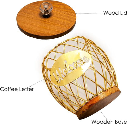 Gold Metal Wire Coffee Pod Holder Basket with Wood Base & Lid, Crystal Knob Capsule Storage Organizer Compatible with Nespresso Vertuo, Holds 60 Original or 26 Vertuo for Coffee Station Countertop