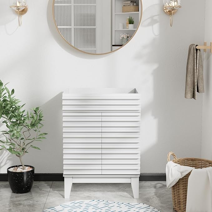 ROOMTEC 24" Bathroom Vanity, Mid-Century Freestanding Bathroom Cabinet Vanity with Storage, Particleboard Frame with Wood Grain Laminate, White(Sink Basin Not Included)