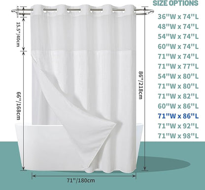 White Extra Long No Hook Waffle Weave Shower Curtain with snap-in Liner Replacement, 230GSM Waterproof Fabric Hotel Shower Curtain Set for Bathroom, Through Mesh Top Window,71Wx86H