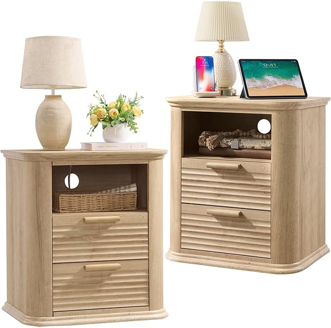 22" Fluted Night Stand with Charging Station Set of 2,Modern End Table with 2 Drawers & Open Storage,Stylish Bedside Table for Living Room,Bedroom,Side Tables Curved Profile Design