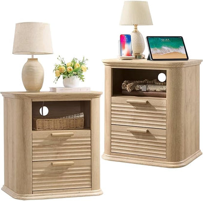 22" Fluted Night Stand with Charging Station Set of 2,Modern End Table with 2 Drawers & Open Storage,Stylish Bedside Table for Living Room,Bedroom,Side Tables Curved Profile Design