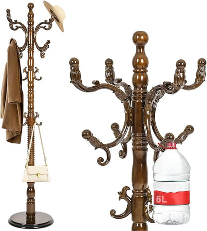 Wooden Coat rack freestanding, Coat racks stand with 14 Hook, Heavy duty coat tree standing 3 Adjustable Heights for Bedroom, Entryway, Hallway, Office,Stury Base (Light brown)