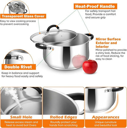 P&P CHEF Stainless Steel Stock Pot, 5 Qt Cooking Soup Pot with Visible Lid for Pasta, Tri-Ply Bottom & Dual Heatproof Handles, For Induction Gas All Stoves, Non-Toxic & Dishwasher Safe