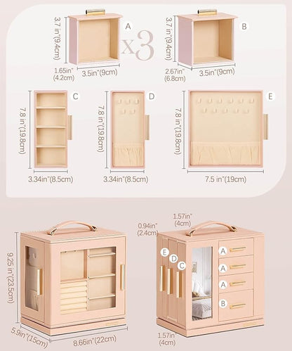 Homde Jewelry Box 360° Rotating, Necklace Earring Organizer with Transparent Window, Mirror, 7 Drawers, Large Ring Display Storage Case for Girls Women (Peach Pink)