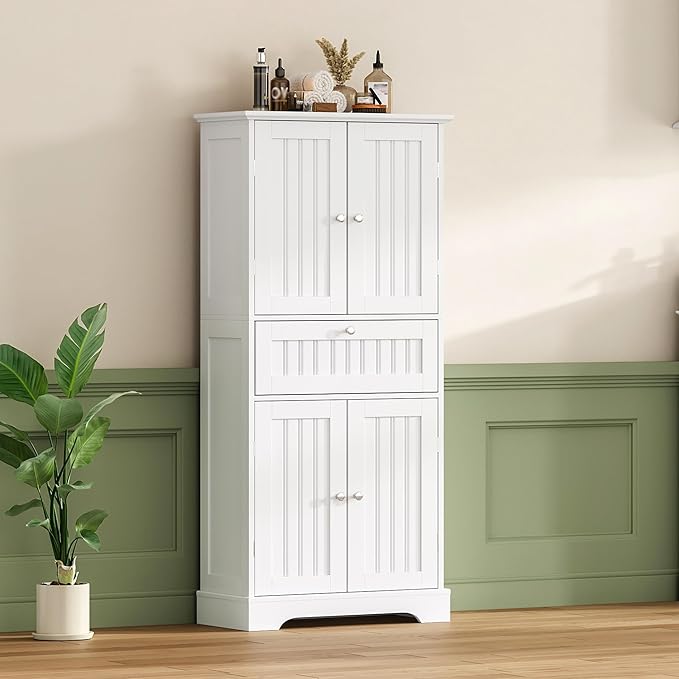 ChooChoo 51" H Tall Bathroom Floor Cabinet, Modern Bathroom Storage Cabinet with Drawer and Adjustable Shelves, Freestanding Kitchen Pantry Cupboard with 4 Doors for Living Room, White