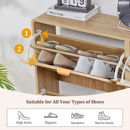 ORRD Shoe Storage Cabinet for Entryway with 4 Flip Drawers, Freestanding Narrow Wood Shoe Cabinet with Wave Panel, Hidden Shoe Organizer for Foyer, Hallway (Natural)