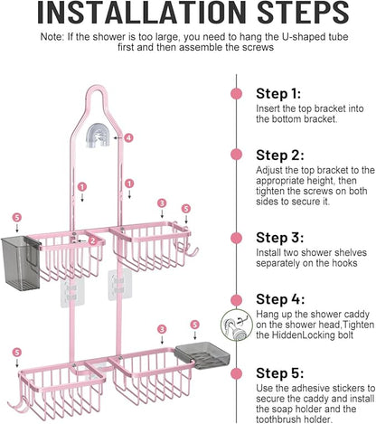 Adjustable Shower Caddy Hanging for Handheld Showerheads - Never Rust Shower Hanging Organizer, Upgraded Bathroom Shower Rack with Soap Basket, Hooks and Toothbrush Holder (Pink)