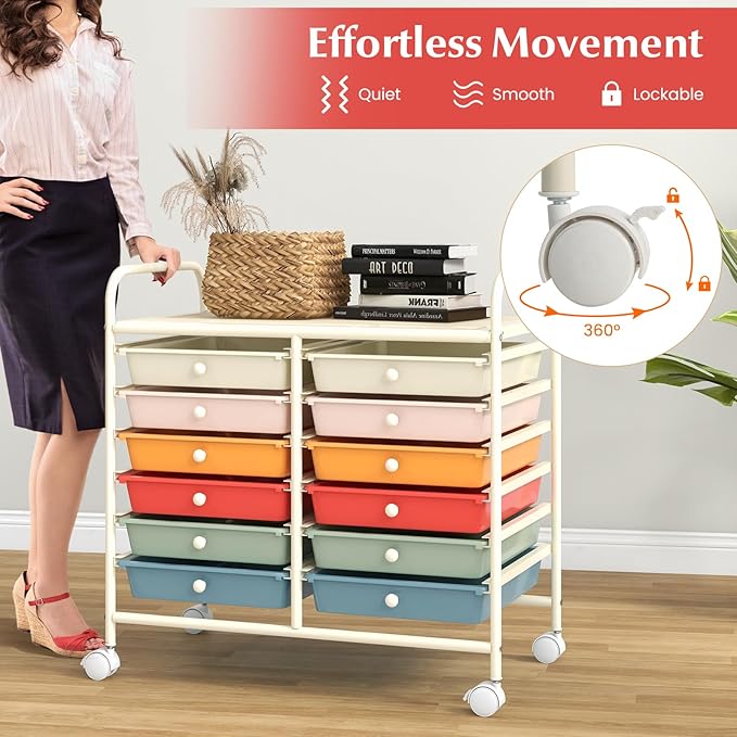 GOFLAME 12-Drawer Rolling Storage Cart, Multifunctional Art Craft Organizer Cart, Mobile Utility Storage Cart with Removable Drawers & Lockable Wheels, Craft Cart for Home Office School, Macaron Color