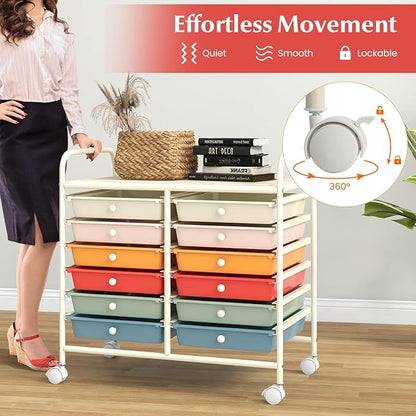 GOFLAME 12-Drawer Rolling Storage Cart, Multifunctional Art Craft Organizer Cart, Mobile Utility Storage Cart with Removable Drawers & Lockable Wheels, Craft Cart for Home Office School, Macaron Color