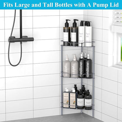 3 Tier Floor Standing Corner Shower Caddy Organizer Shelf with Hooks, Bathroom Shelves Stand Rack, Dark Gray