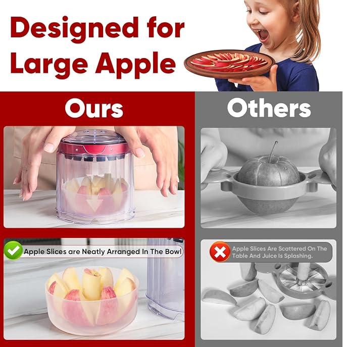 OOKUU 5.12-Inch Professional Apple Slicer, 8-Slice Heavy Duty Stainless Steel Apple Cutter with Clear Bowl, Extra Large Corer for Apples, Safe Full-Cut Design