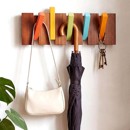 Youyole 5 Hook Mid Century Modern Wooden Coat Hooks Wall Mounted Folding Coat Rack Hanger Heavy Duty Flip Down Piano Hat Rack for Hanging Coats Hats Home