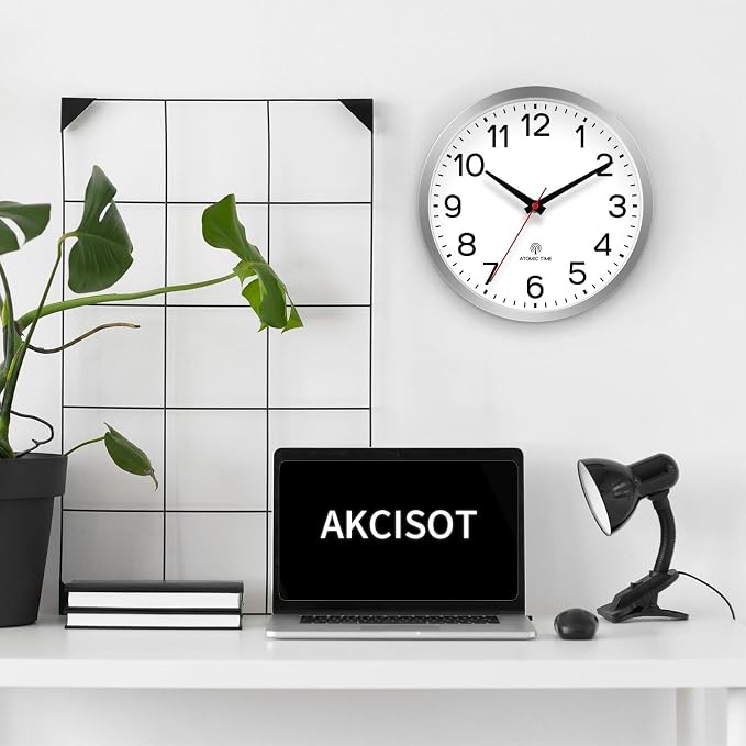 AKCISOT Atomic Silver Wall Clock Analog Clocks Battery Operated Clock for Bedroom Office Classroom Living Room(10 Inch)
